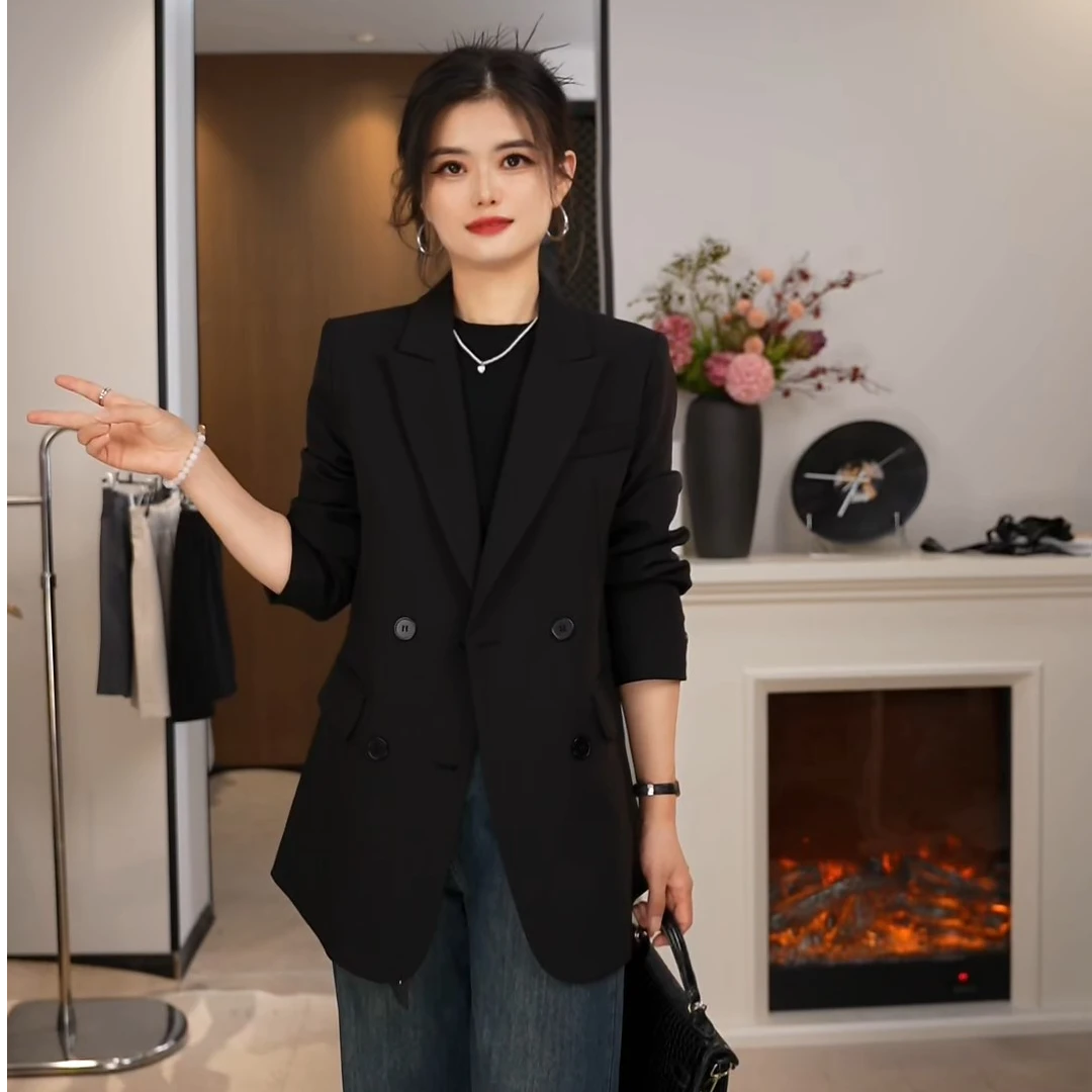 西装外套女2025春秋新款双排扣纯色轻职业黑色休闲西服上衣