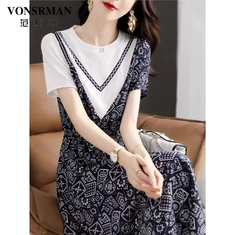 VONSRMAN假两件拼接碎花连衣裙女夏季新款设计感大码宽松显瘦a字