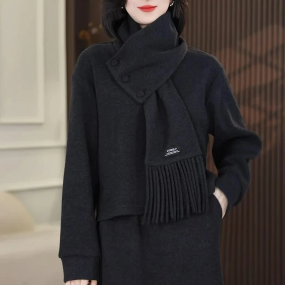 时尚小香风加厚围巾领套装冬季法式上衣半身裙围巾三件套