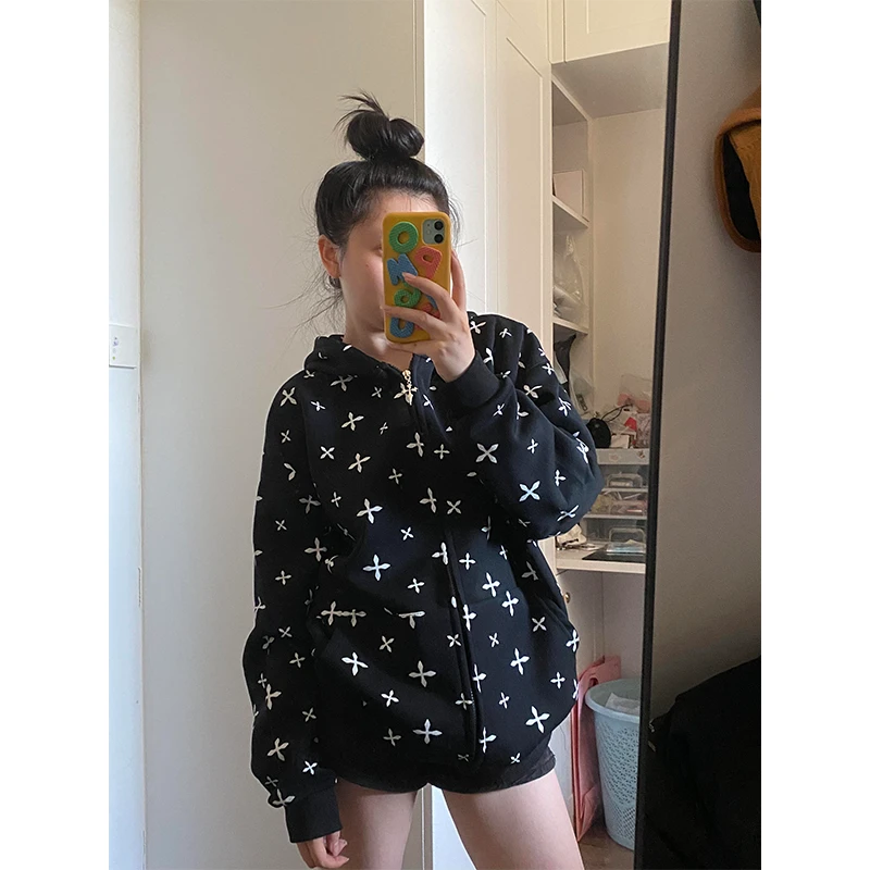 美式秋冬时尚十字架印花开衫休闲卫衣连帽设计感女洋气潮牌ins风