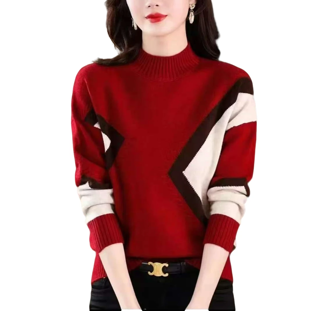 洋气休闲风厚款百搭厚条纹半高领毛衣冬季菱形秋冬女士针织