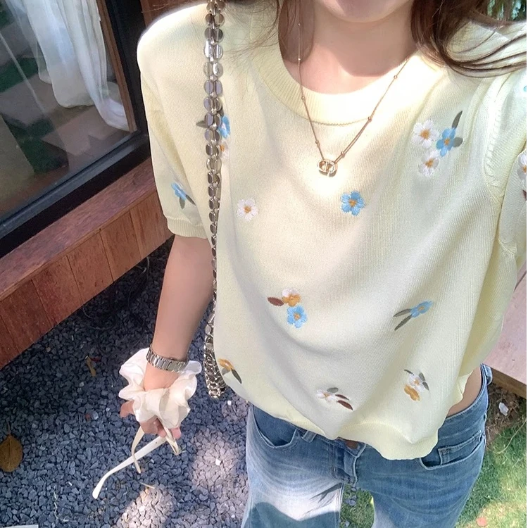 2025春夏新款圆领重工刺绣针织衫甜美高级感短袖上衣