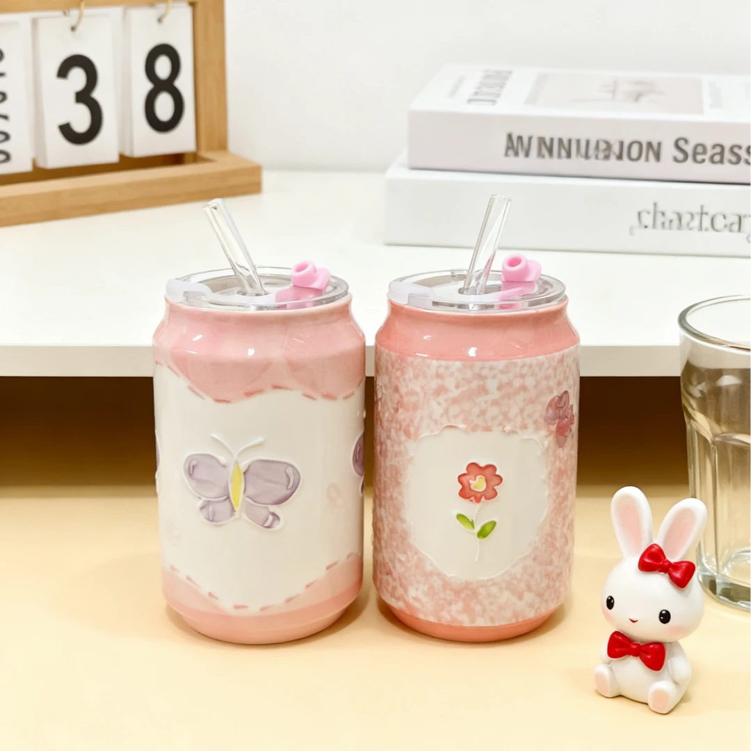 手绘创意高颜值带盖吸管杯子陶瓷杯可爱马克杯水杯吸管杯家用杯子