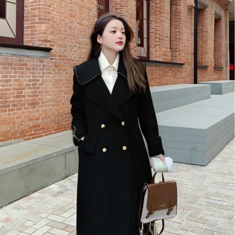 【TD】秋冬长款双面百分百羊毛呢大衣女过膝羊毛呢子外套5607