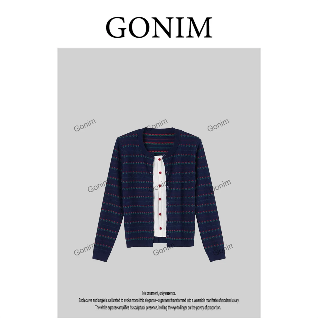 Gonim·"花花叠潮‘2025早秋时尚气质花纹毛针织衫假两件百搭上衣女