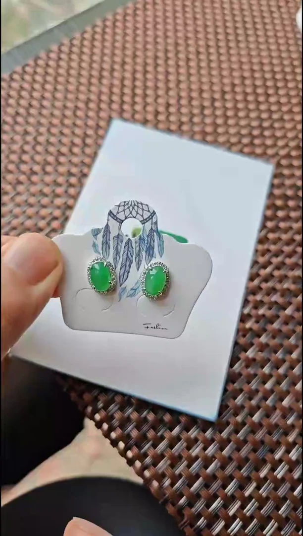 【闪购商品】翡翠耳饰银S925镶嵌翡翠耳饰S925银镶嵌