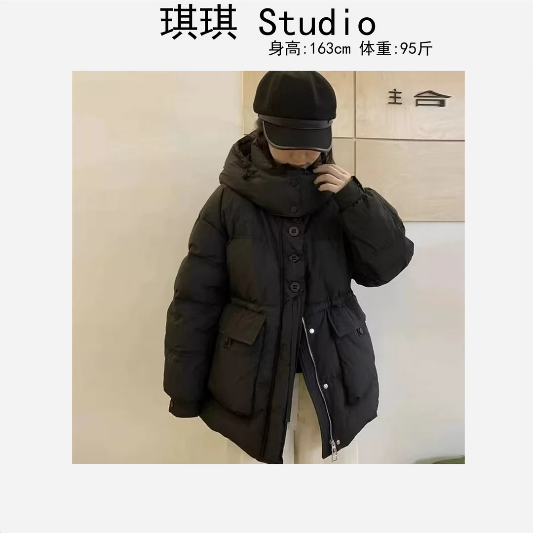 冬季新款抽绳收腰连帽纽扣拉链盖帽口袋气质时尚百搭羽绒服外套-M