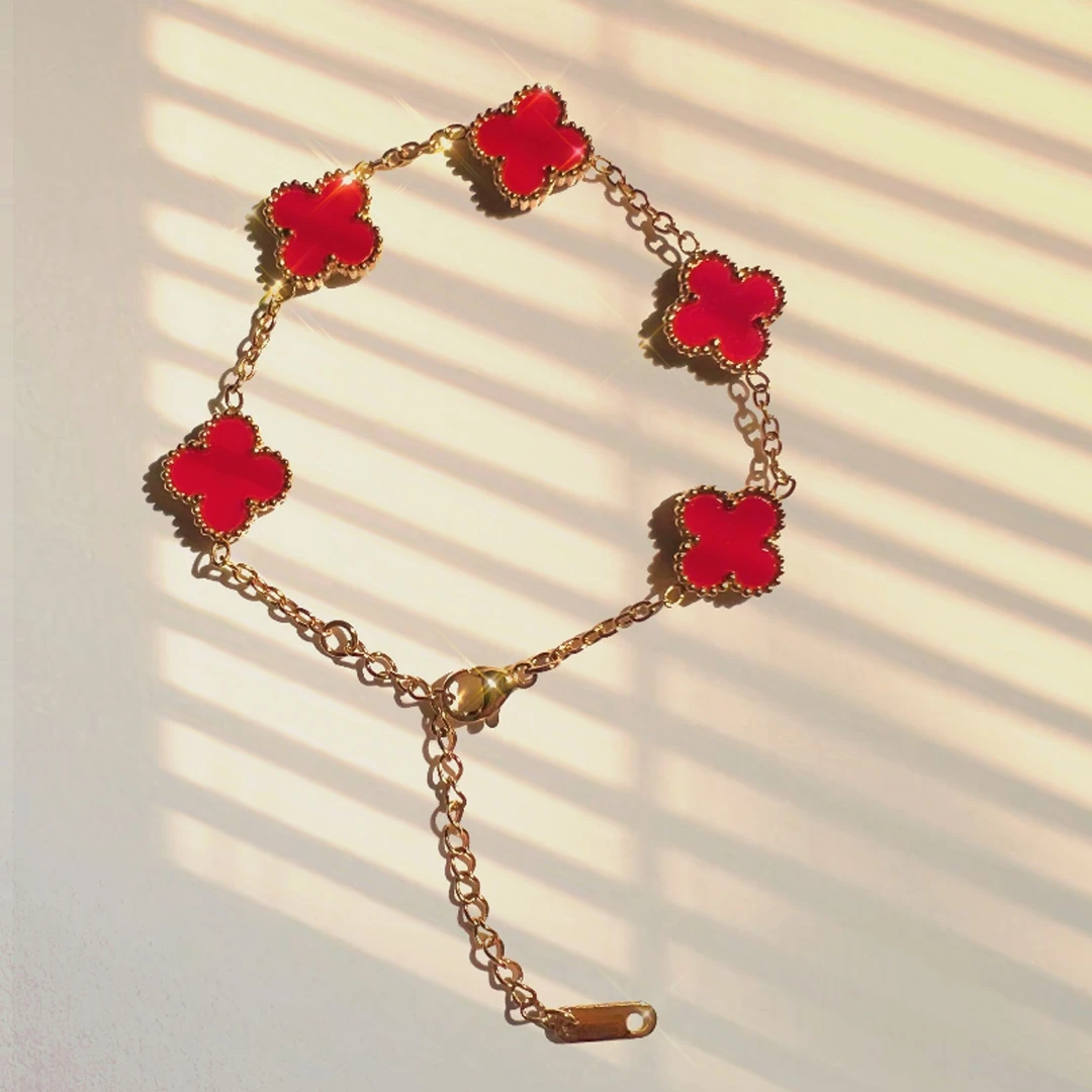 铜合金手链 红色饰品可调节经典中式红色金色女小众植物花卉