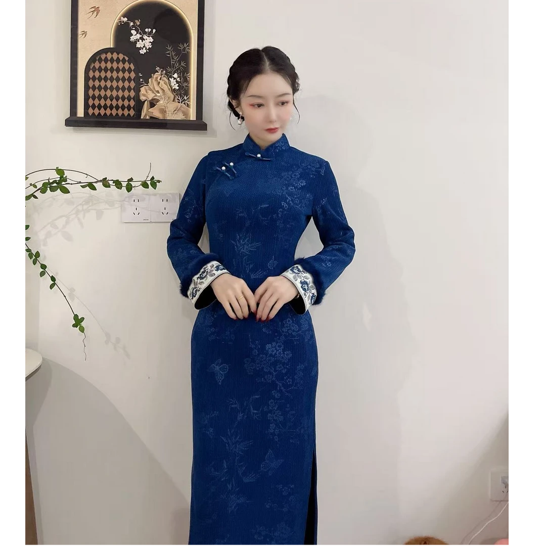江南春【澜黛】冬季新款修身显瘦气质少女旗袍加绒加厚改良版优雅