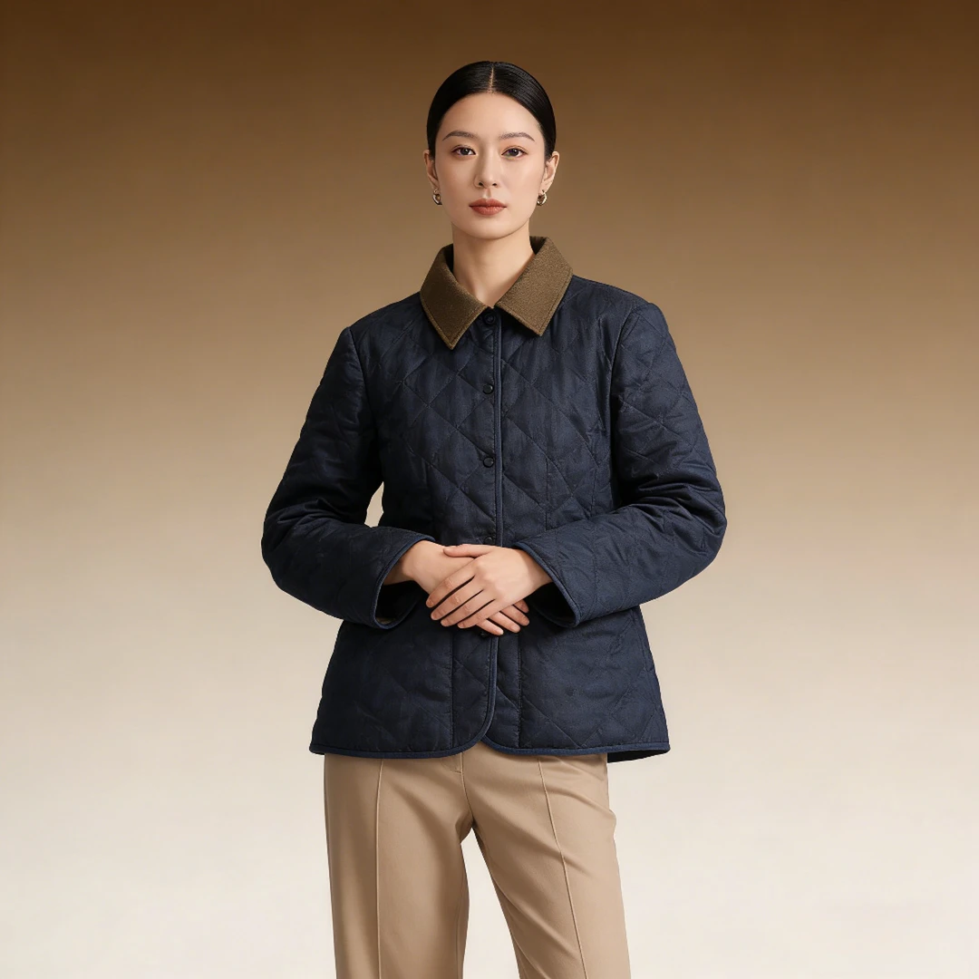 亚麻羊毛拼接棉服加厚时尚休闲百搭保暖冬季菱格女士02722