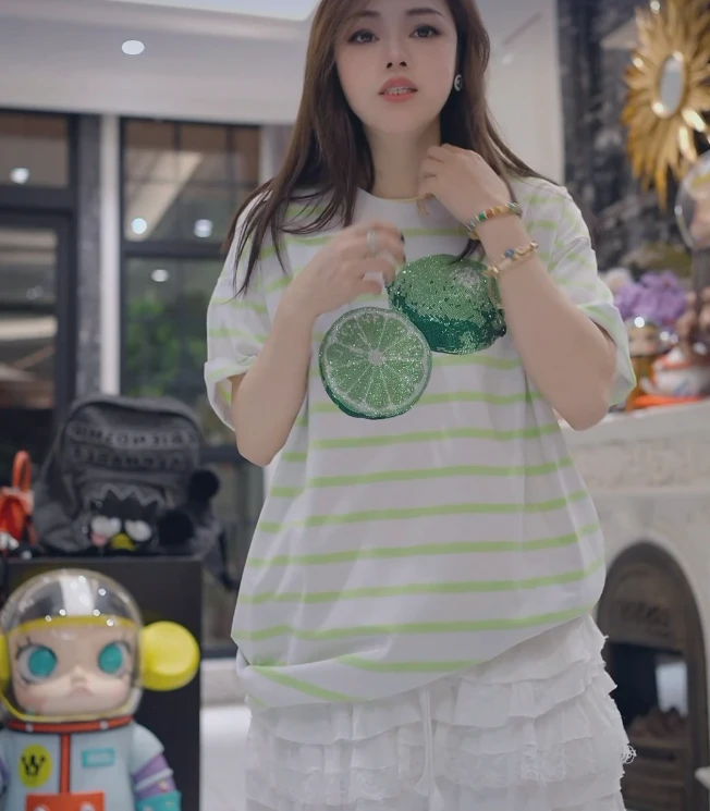 包嫂-【W261白绿条柠檬钻】2025年新T恤重工百搭春夏季款短袖半袖
