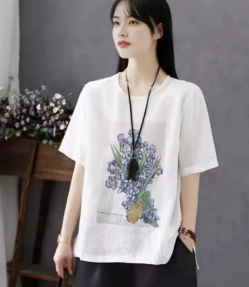 新款女士夏季短袖棉麻上衣宽松复古印花单衣