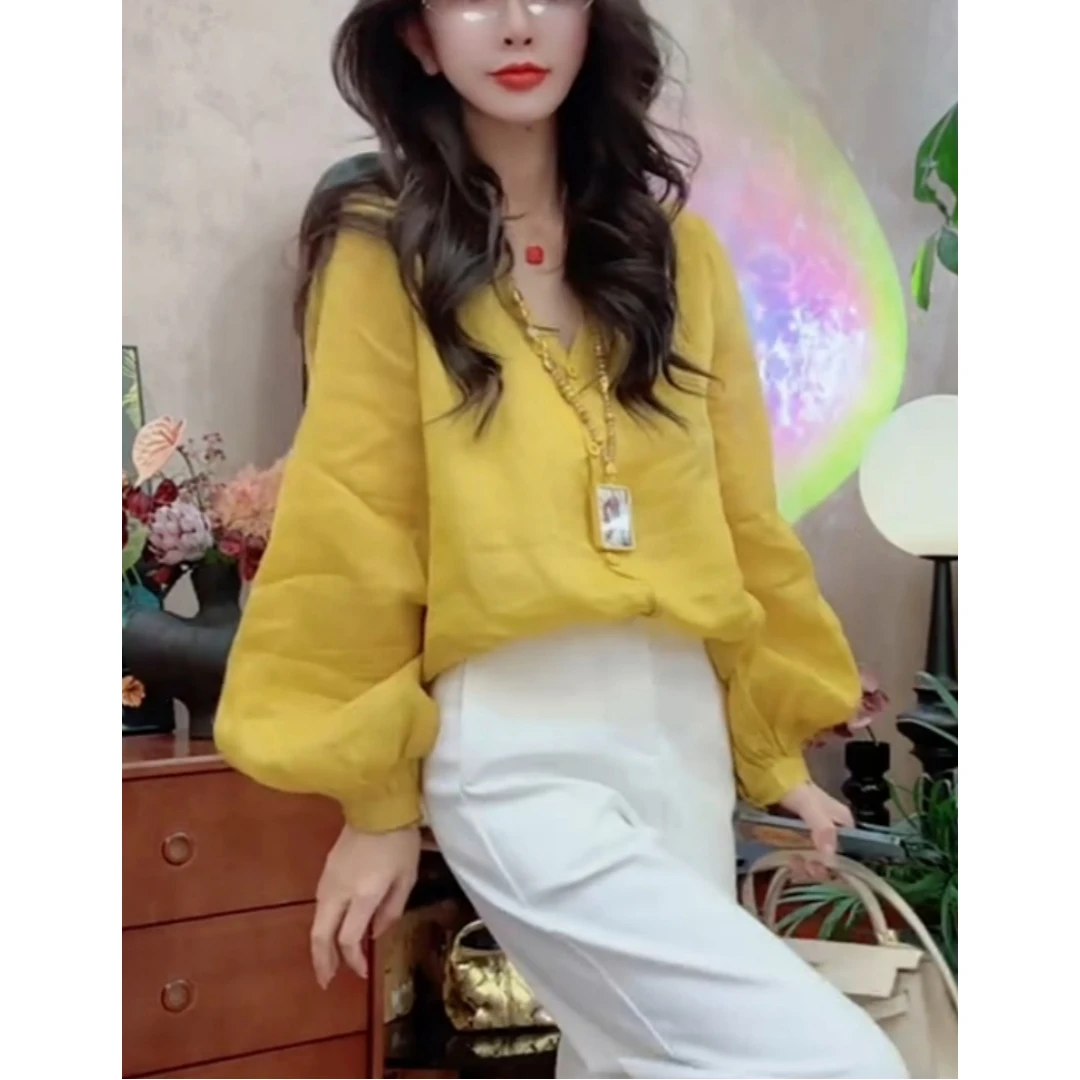 景倩妮气质高级感黄色V领长袖上衣2025夏季新款显瘦宽松气质上衣