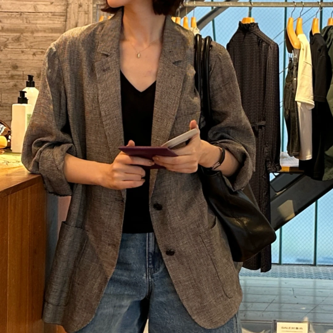 DE Mincollection千鸟格外套/春夏薄纯亚麻单排扣千鸟格西装外套