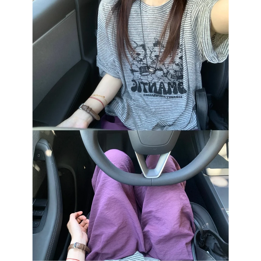 慵懒风穿搭一整套条纹短袖T恤+肌理感紫色阔腿裤子两件套装女夏季
