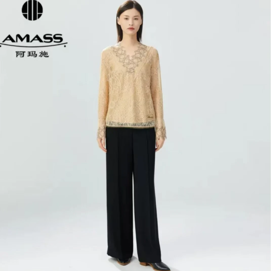 阿玛施AMASS新款女装质感显瘦气质V领蕾丝长袖上衣两件套5300778