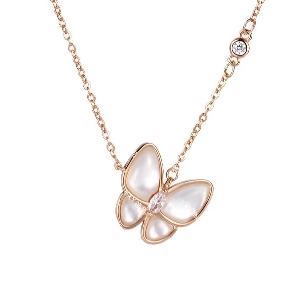 链子925银 蝴蝶贝母项链气质白色时尚百搭金色仙女镶嵌坠链