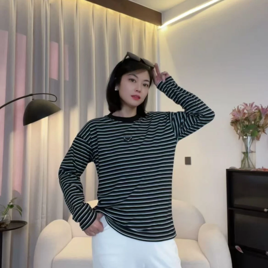 新款达达细条纹长袖宽松潮流圆领百搭时尚春秋情侣百搭长袖T恤