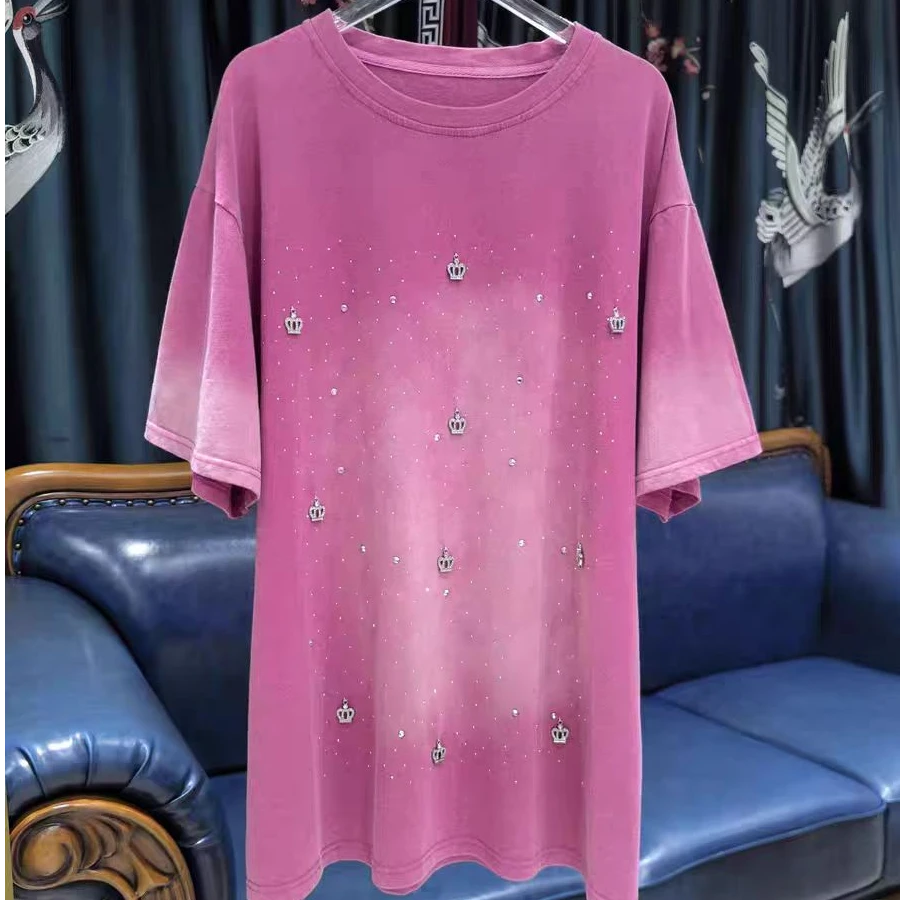 皇冠宽松型烫钻街头风T恤女士圆领紫色休闲渐变宽松中长款半袖