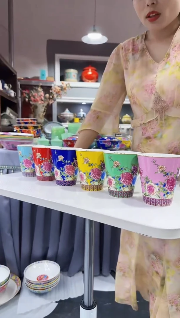 珐琅   牡丹花卉杯子6只装景德镇陶瓷