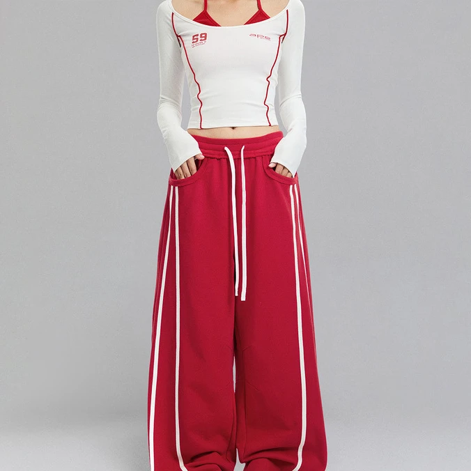 APEA美式复古显瘦侧拼条纹红色运动长裤女显瘦休闲散边阔腿卫裤子