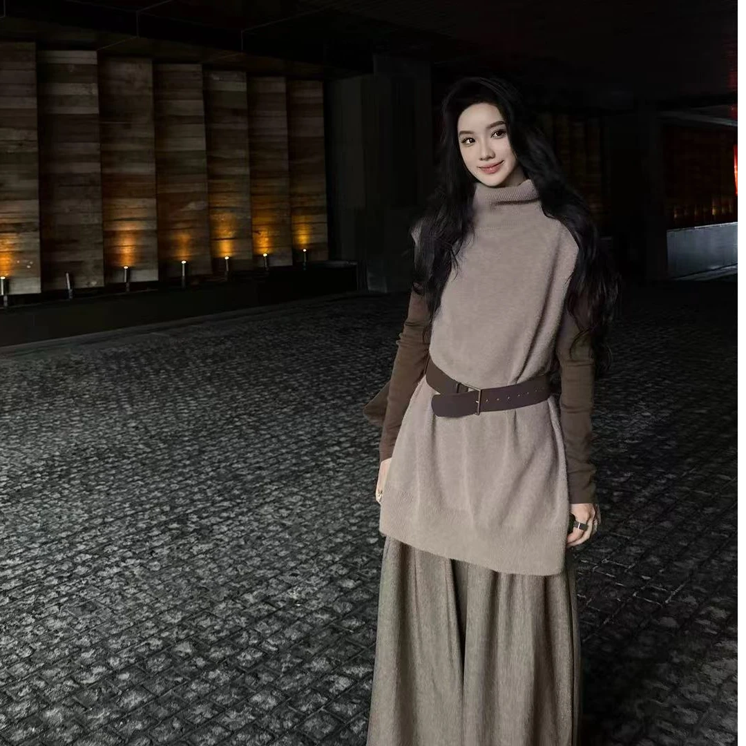 慵懒风千金套装女高领洋气上衣2025穿搭一整套新款显瘦半身裙6916