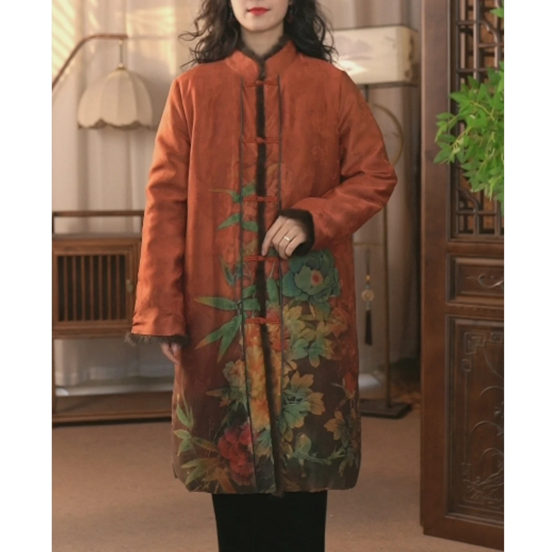 定位花香云纱花萝棉衣棉服冬季中长款桑蚕丝盘扣棉袄外套22278