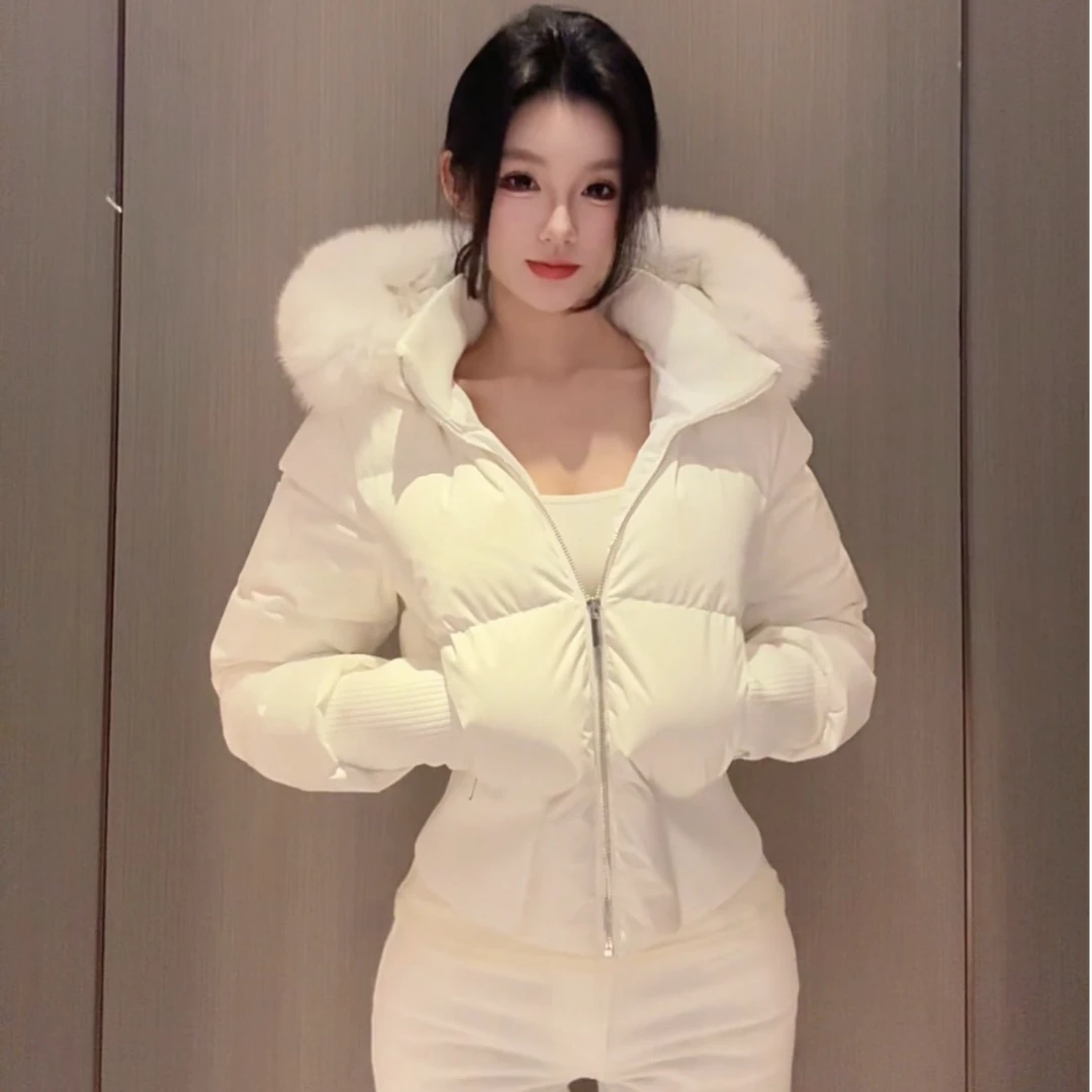 容容【小欧包】狐狸毛领鹅绒服连帽收腰短款外套大毛领