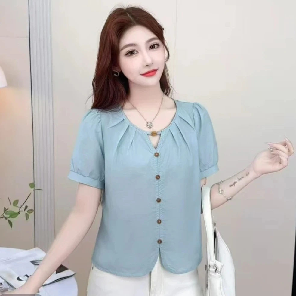 时尚百搭圆领短袖衬衫女夏季新款显瘦减龄洋气上衣