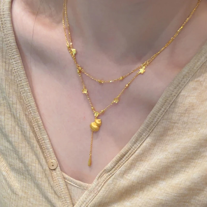 铜合金项链 「福禄生花」新中式花朵葫芦双层项链宫廷风水滴锁骨链