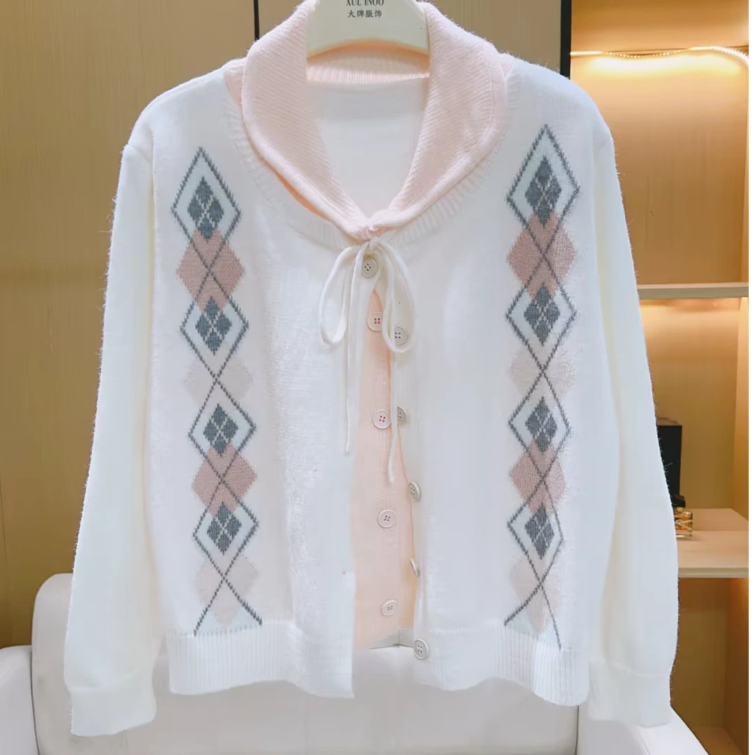 丨秋冬新款学院风菱格假两件甜美减龄百搭休闲提花针织衫  6149