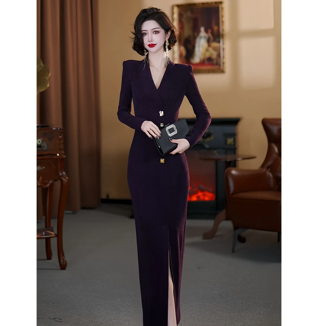 【大晶定制】秋冬新款高奢奢气质绒面纽扣立体修身连衣裙-DJ10078