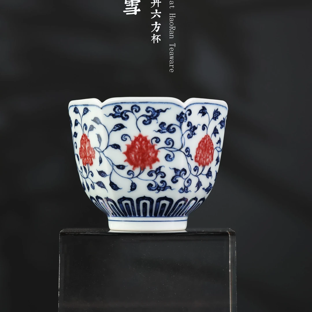 【阳春白雪】青花釉里红四季花卉六方杯 家用 主人杯 纯手工 复古