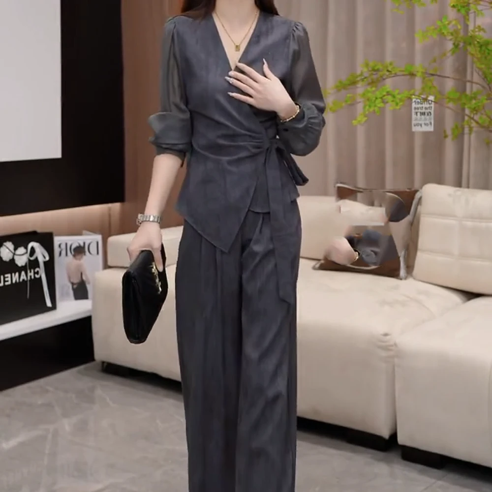 新款扎染风衣短款外套上衣+高腰直筒阔腿裤两件套套装