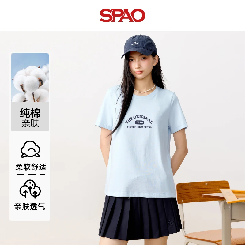 SPAO韩国同款2025年时尚洋气精致上衣短袖女款夏日纯棉宽松T恤YC
