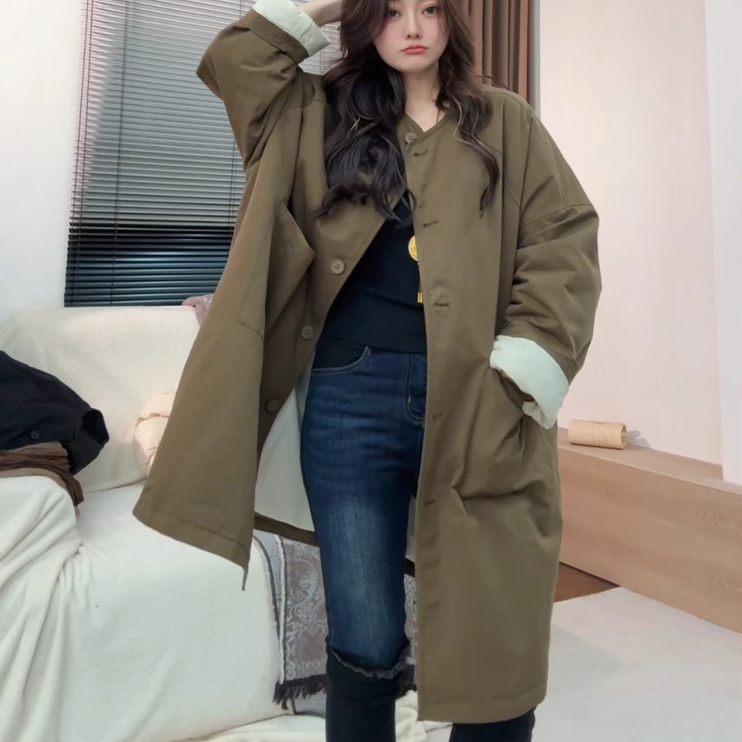 museguhui/木色古汇25165#拼色气质百搭中长款长袖圆领风衣棉服