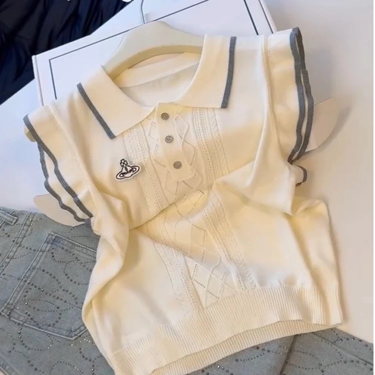 法式甜美撞色翻领荷叶边女夏季针织上衣8698