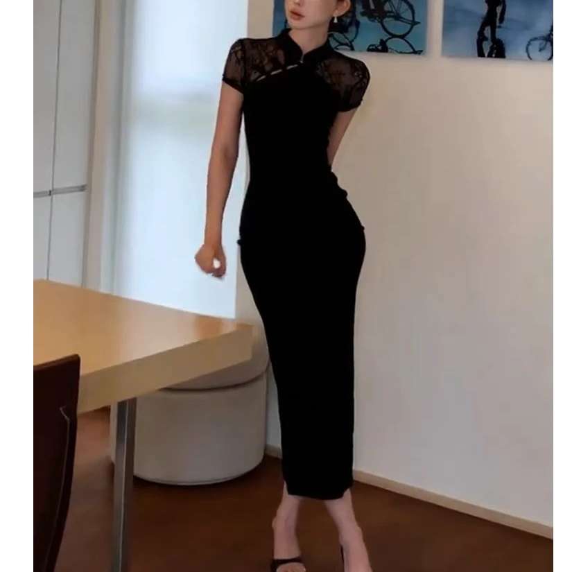 D8211薄款新中式开衩连衣裙旗袍国风气质拼接蕾丝长裙