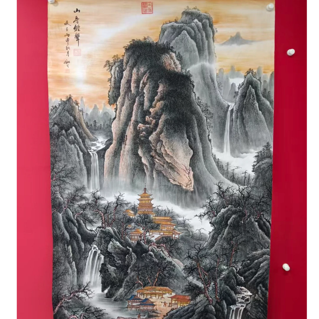 李新社手绘宣纸六尺竖幅山寺钟声-山水国画