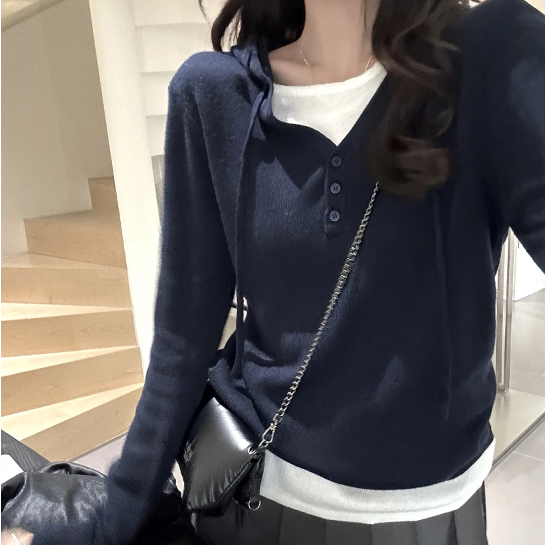 休闲慵懒风帽衫小众假两件连帽长袖T恤女冬秋季纯色百搭连帽衫女