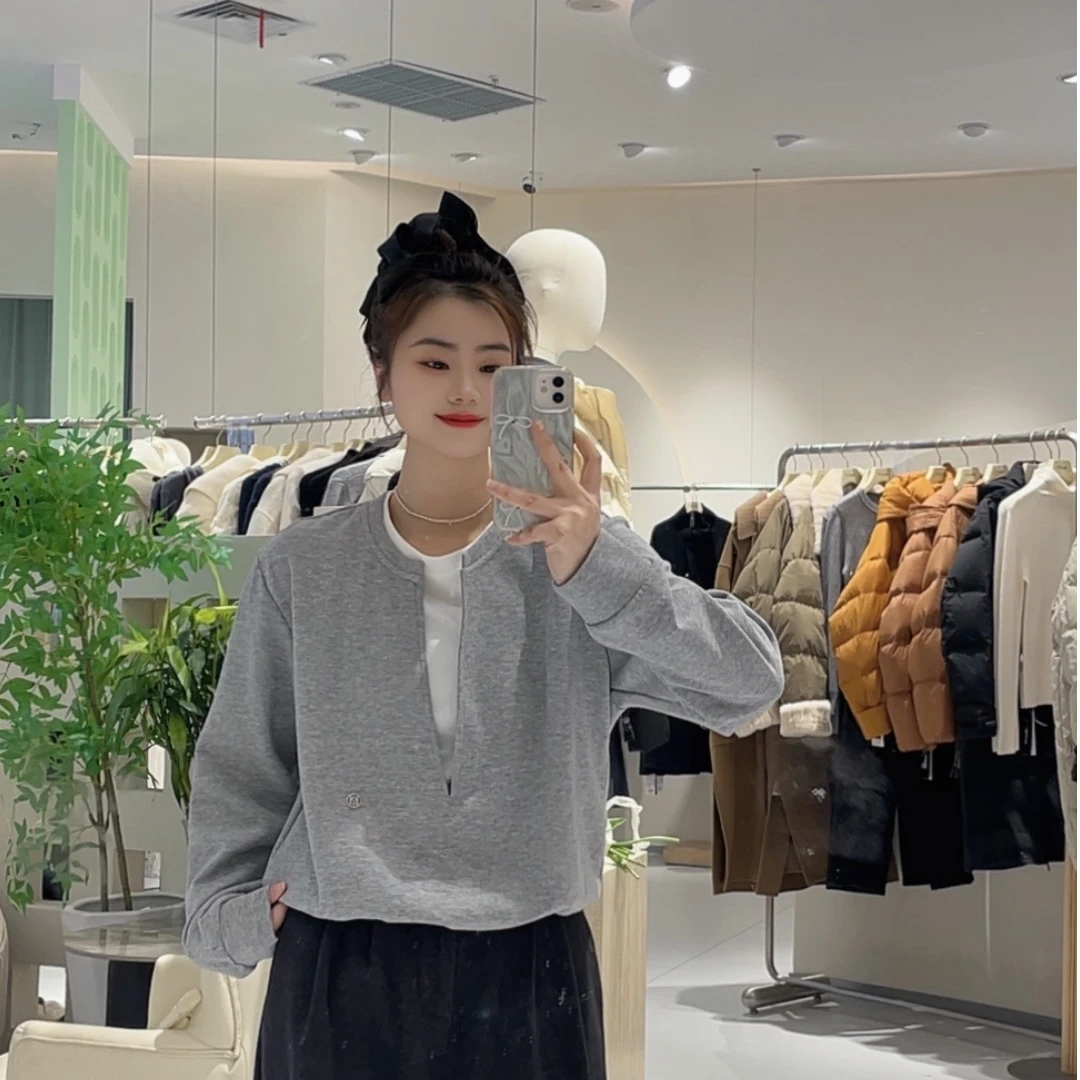 艾然  灰色圆领卫衣春季2025新款爆款时尚洋气设计感假两件上衣