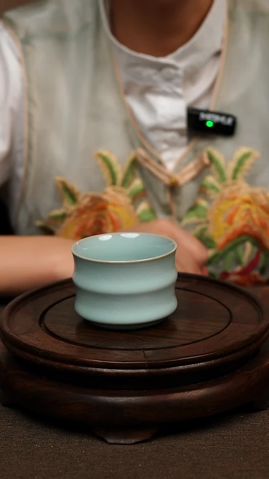 瓷片天青色全手竹节杯100ml微瑕不带礼盒