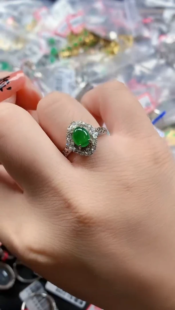 银S925镶嵌戒指翡翠天然A货缅甸翡翠