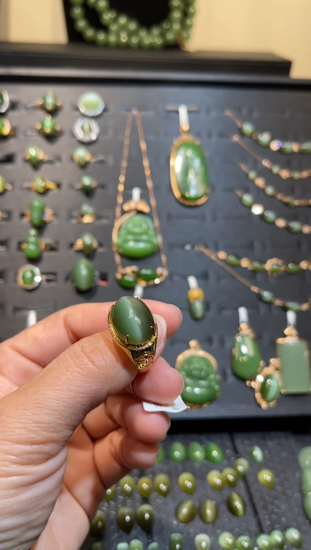 【闪购商品】和田玉碧玉猫眼戒指18K金镶嵌多样性发一