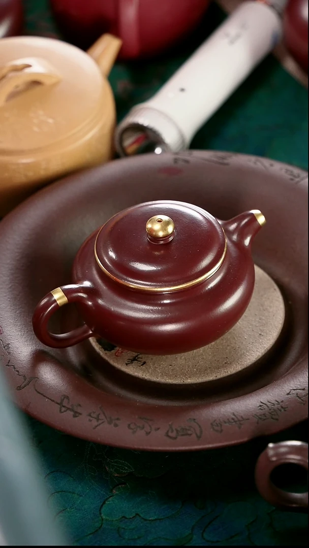 茶壶紫砂四号井茄皮紫泥描金薄胎仿古