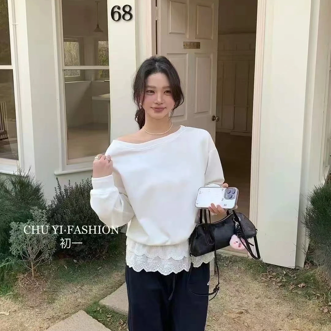 【美丽姐】蕾丝花边卫衣长袖休闲百搭宽松设计感韩版小众