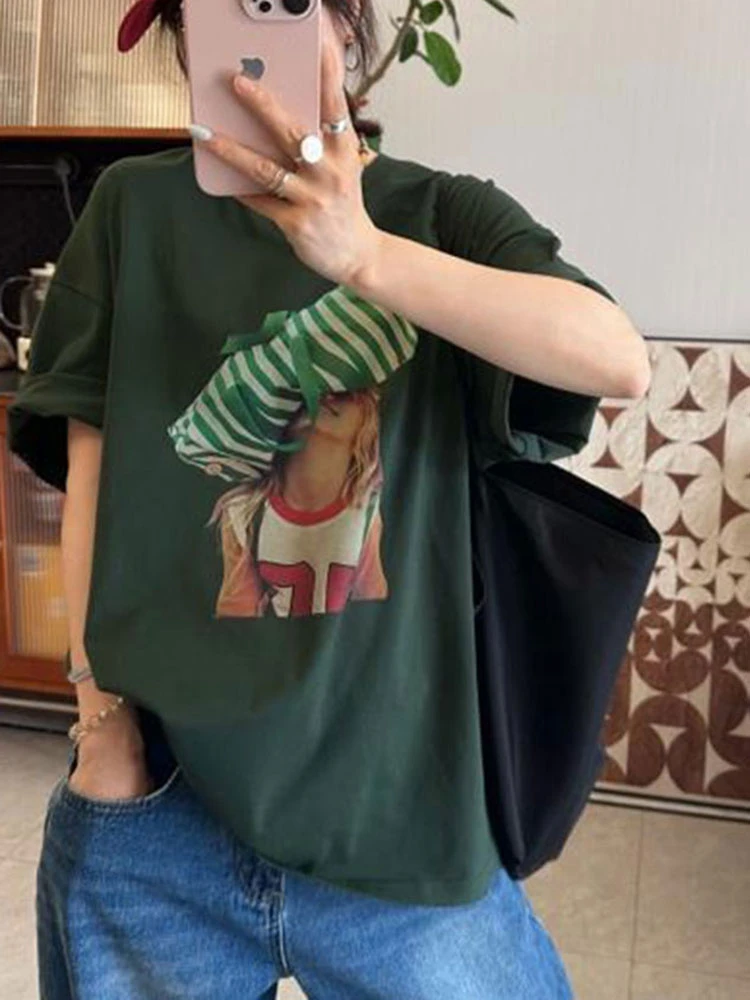 衣服女夏2025新款爆款搞怪小女孩绿色印花短袖t恤设计感宽松上衣