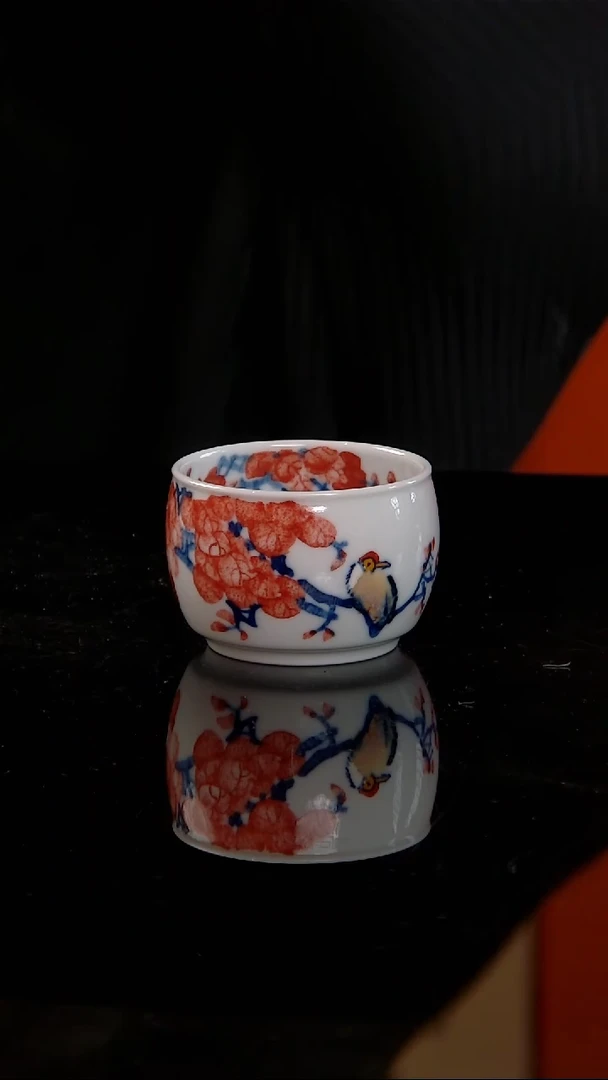 李华手绘青花红彩鸿运当头缸杯