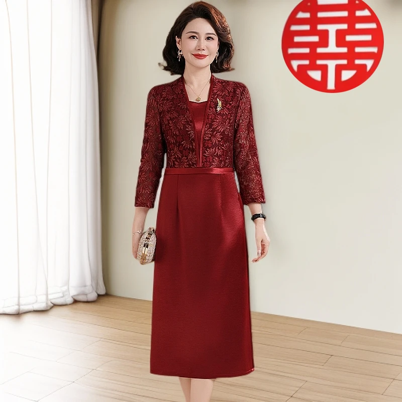 喜婆婆婚宴装2025新款裙子红色喜庆衣服喜妈妈高端大气订婚礼服裙