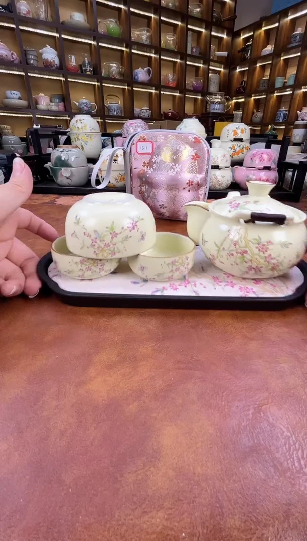 瓷片桃花1壶3杯宝瓶旅行+长方桃花盘